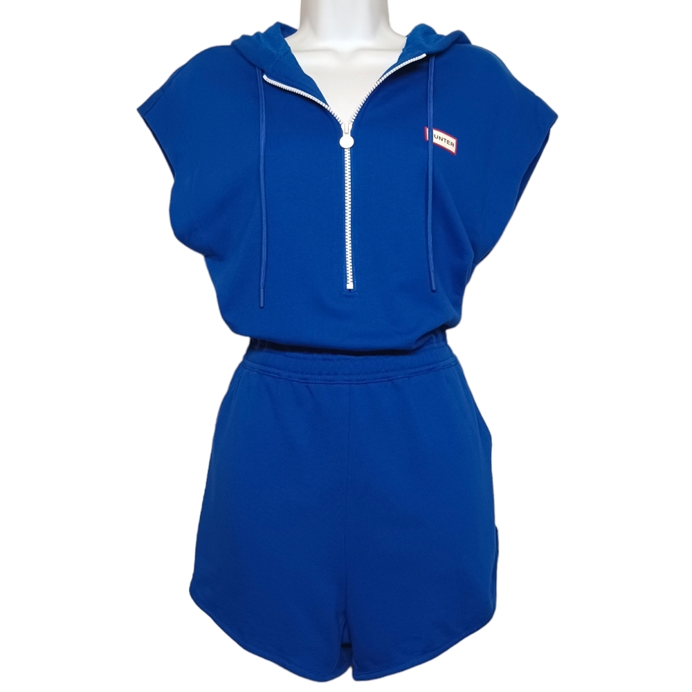 HUNTER Hooded Royal Blue Knit Zipper Front Romper Shorts X-Small NWT